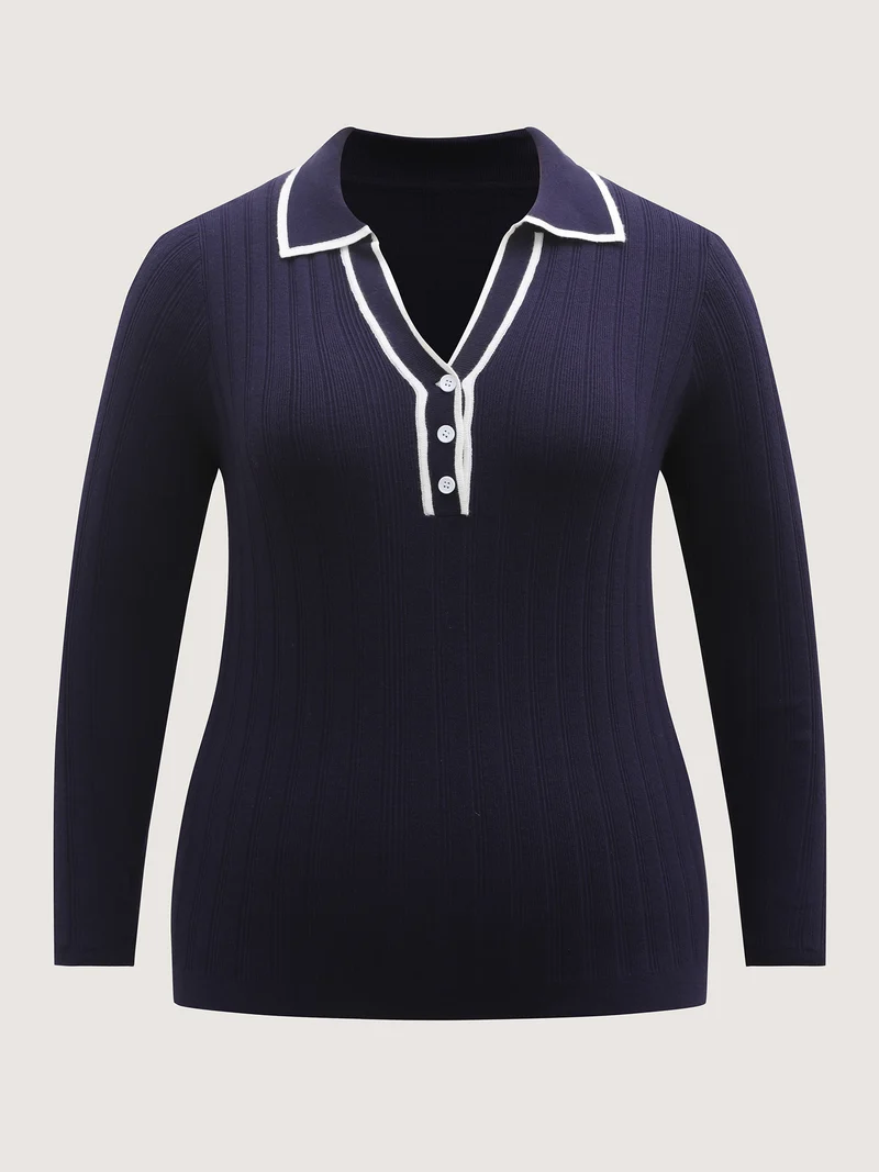 Supersoft Ribbed Color Contrast Polo Collar Pullover