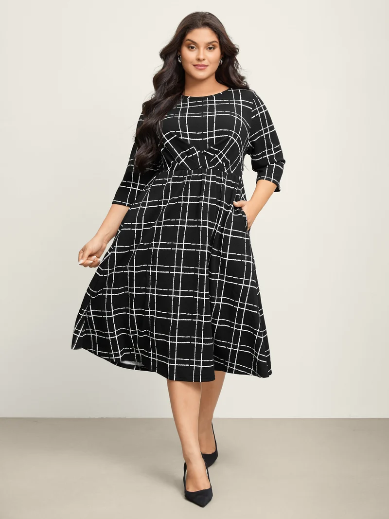 Grid Print Pleated Front Overlap Midi Dress