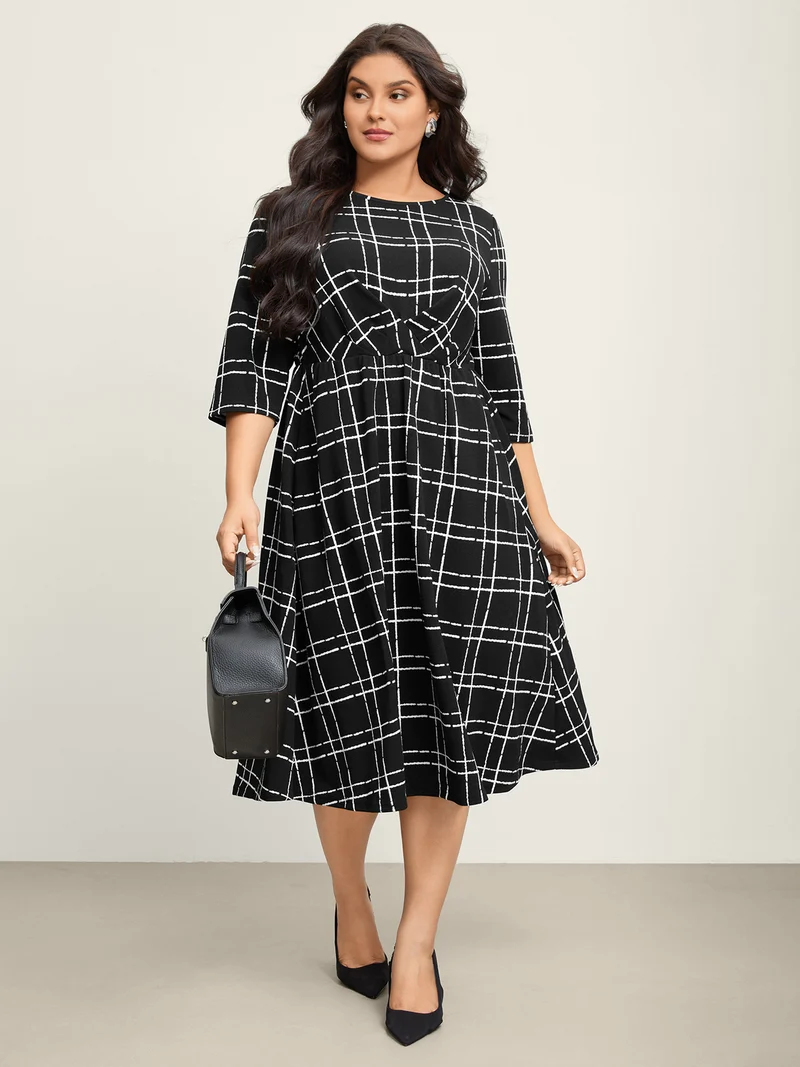 Grid Print Pleated Front Overlap Midi Dress