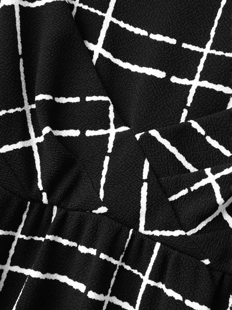 Grid Print Pleated Front Overlap Midi Dress