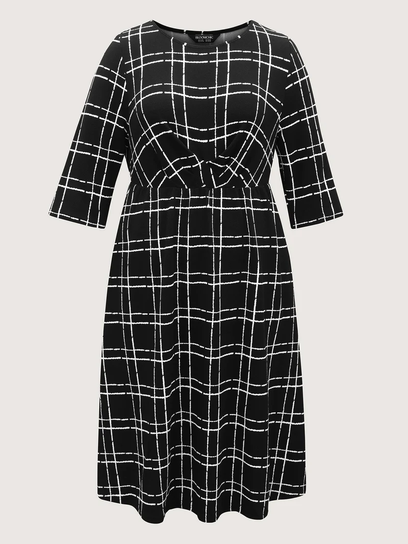 Grid Print Pleated Front Overlap Midi Dress