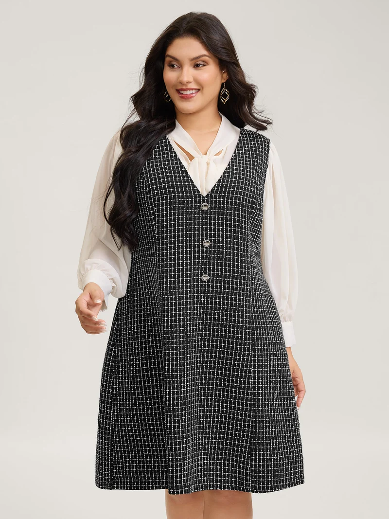 Grid Print Monochromatic Button Midi Dress