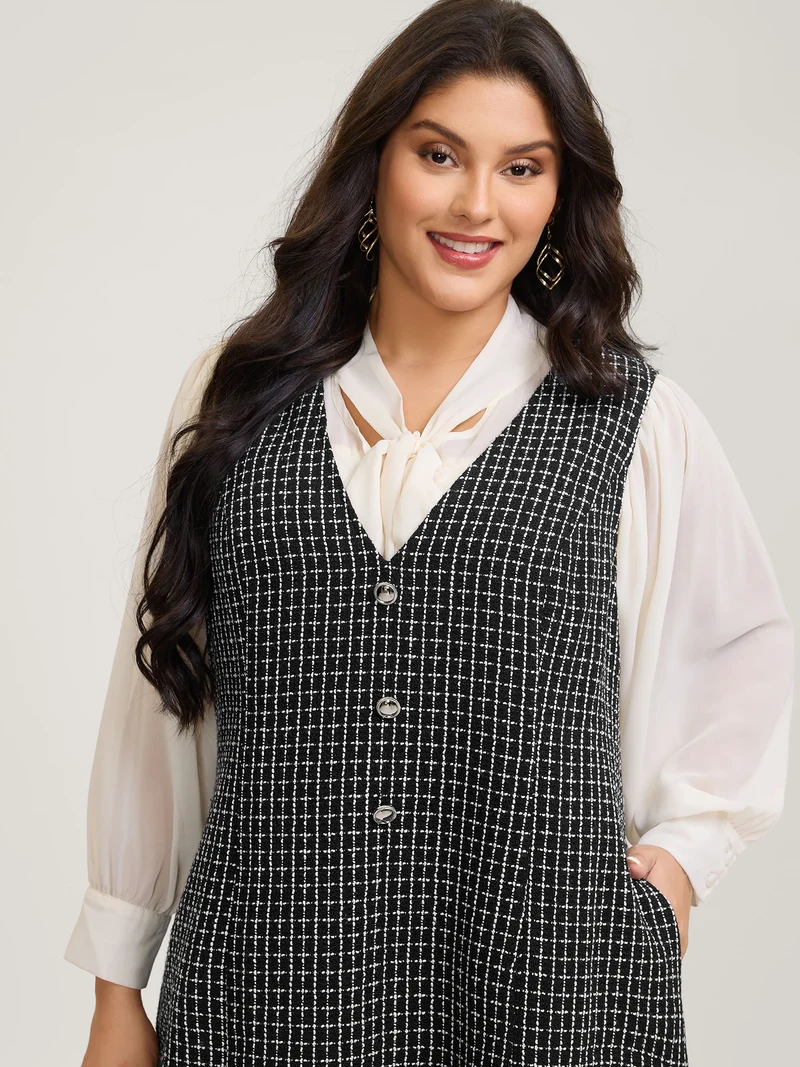 Grid Print Monochromatic Button Midi Dress