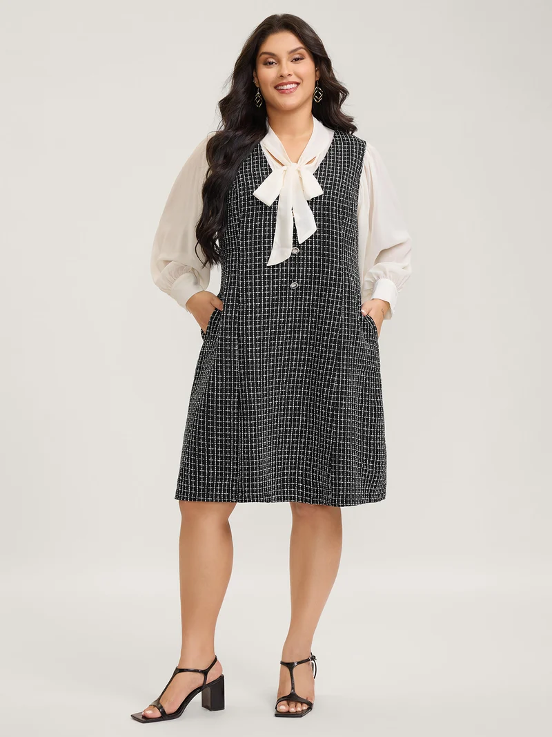 Grid Print Monochromatic Button Midi Dress