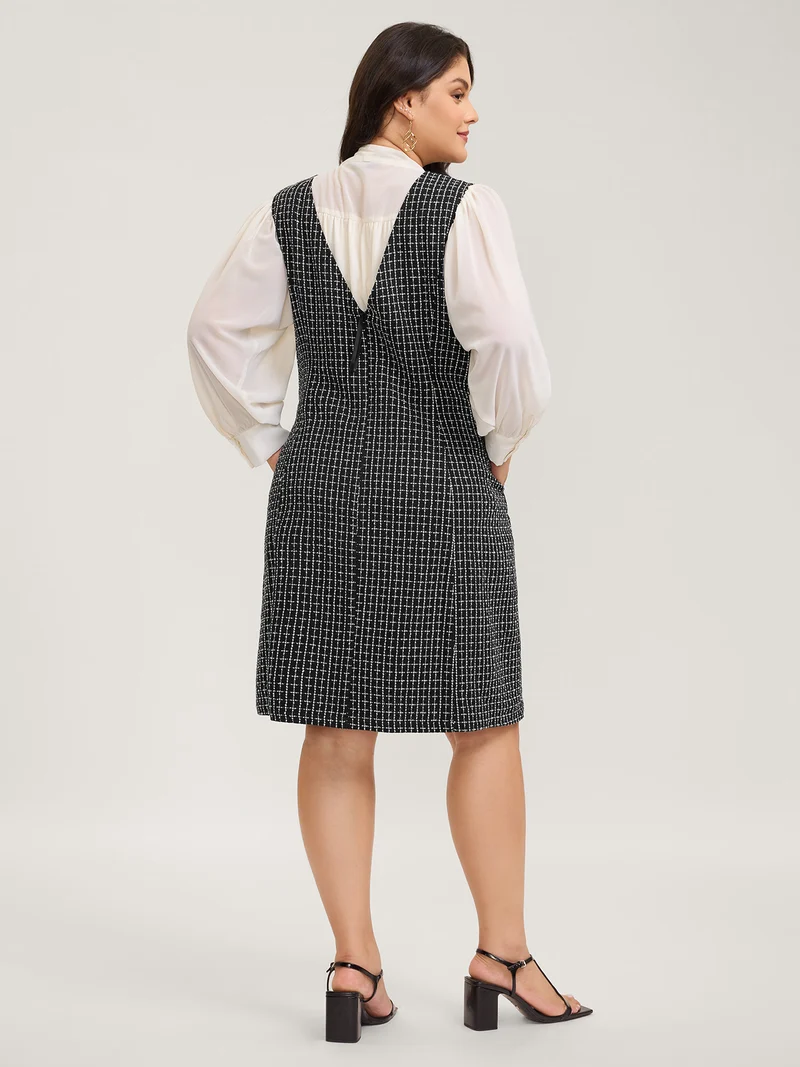 Grid Print Monochromatic Button Midi Dress