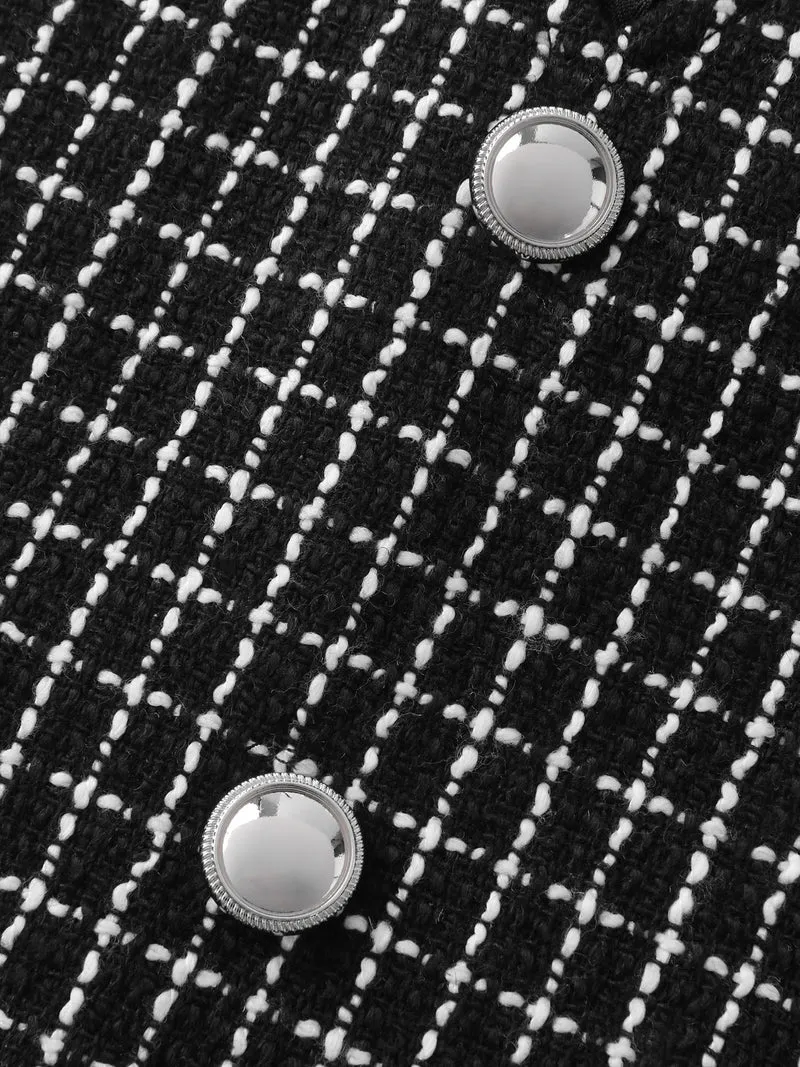 Grid Print Monochromatic Button Midi Dress