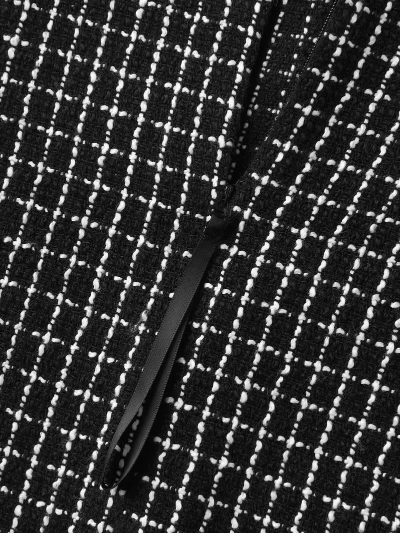 Grid Print Monochromatic Button Midi Dress