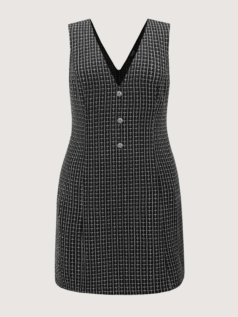 Grid Print Monochromatic Button Midi Dress
