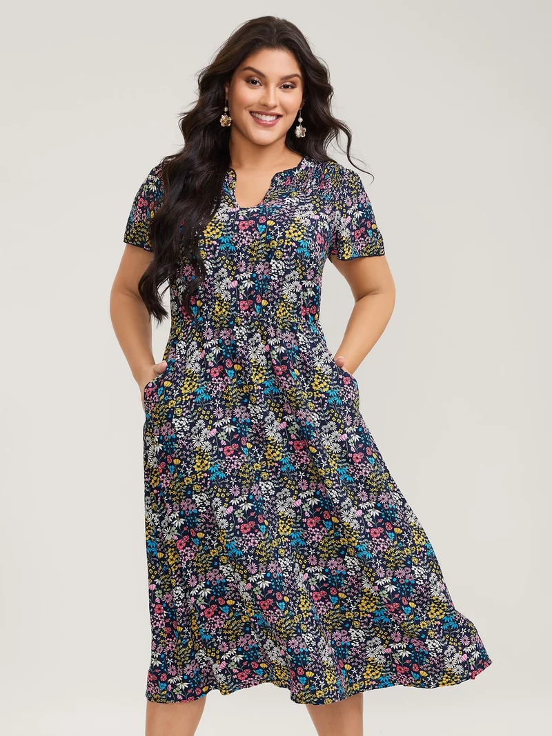 Branch Chrysanthemum Shirred Midi Dress