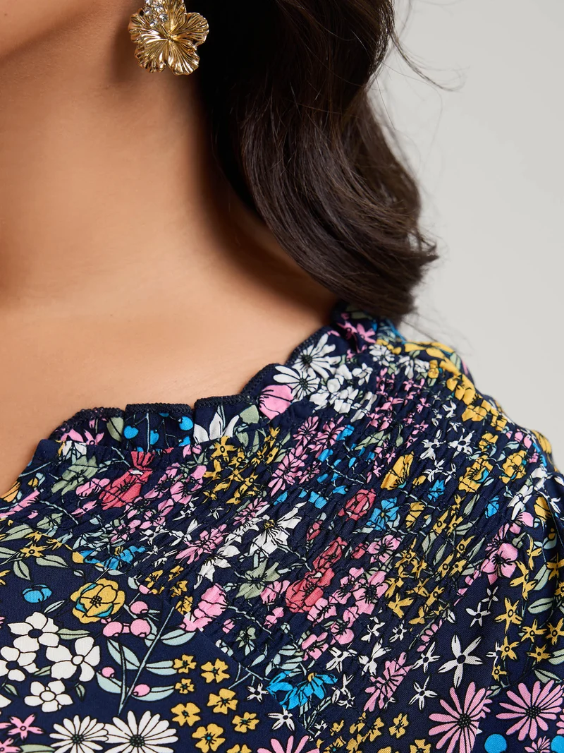 Branch Chrysanthemum Shirred Midi Dress