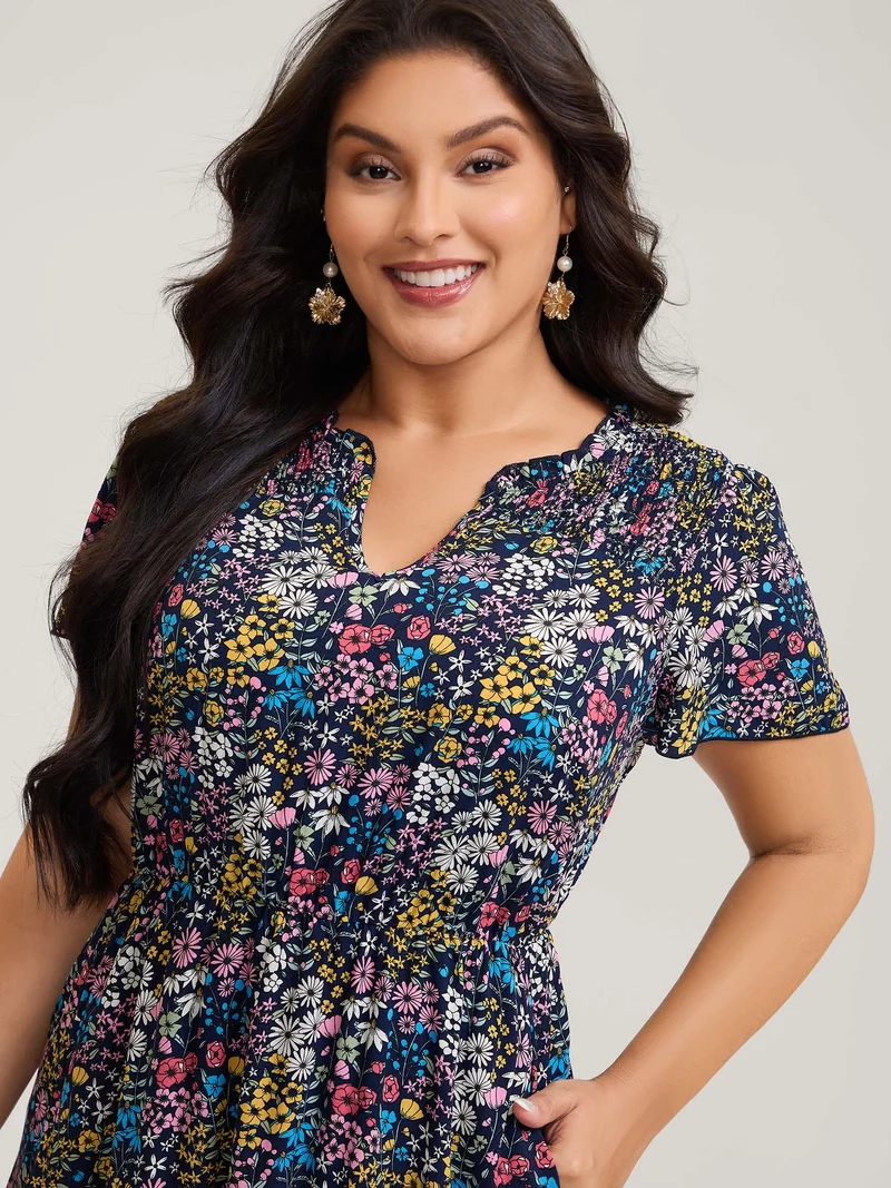 Branch Chrysanthemum Shirred Midi Dress