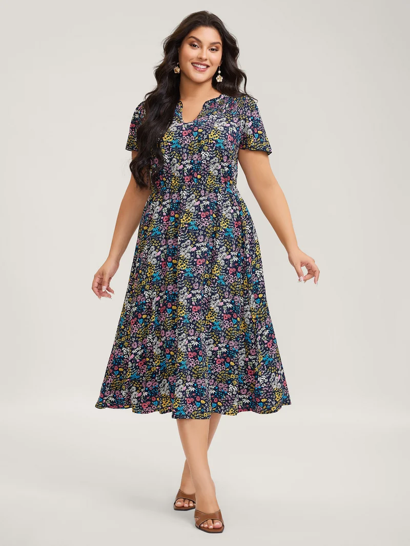 Branch Chrysanthemum Shirred Midi Dress