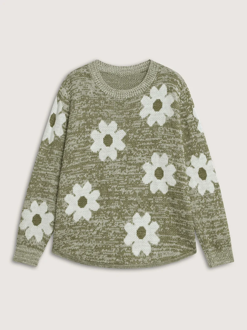 Floral Jacquard Curvy Hem Pullover