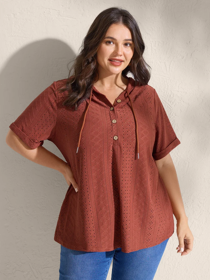 Textured Hooded Half Button Placket T-Shirt