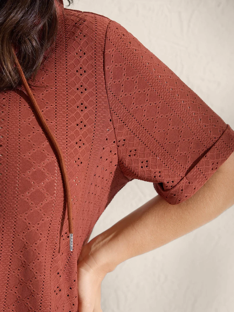 Textured Hooded Half Button Placket T-Shirt