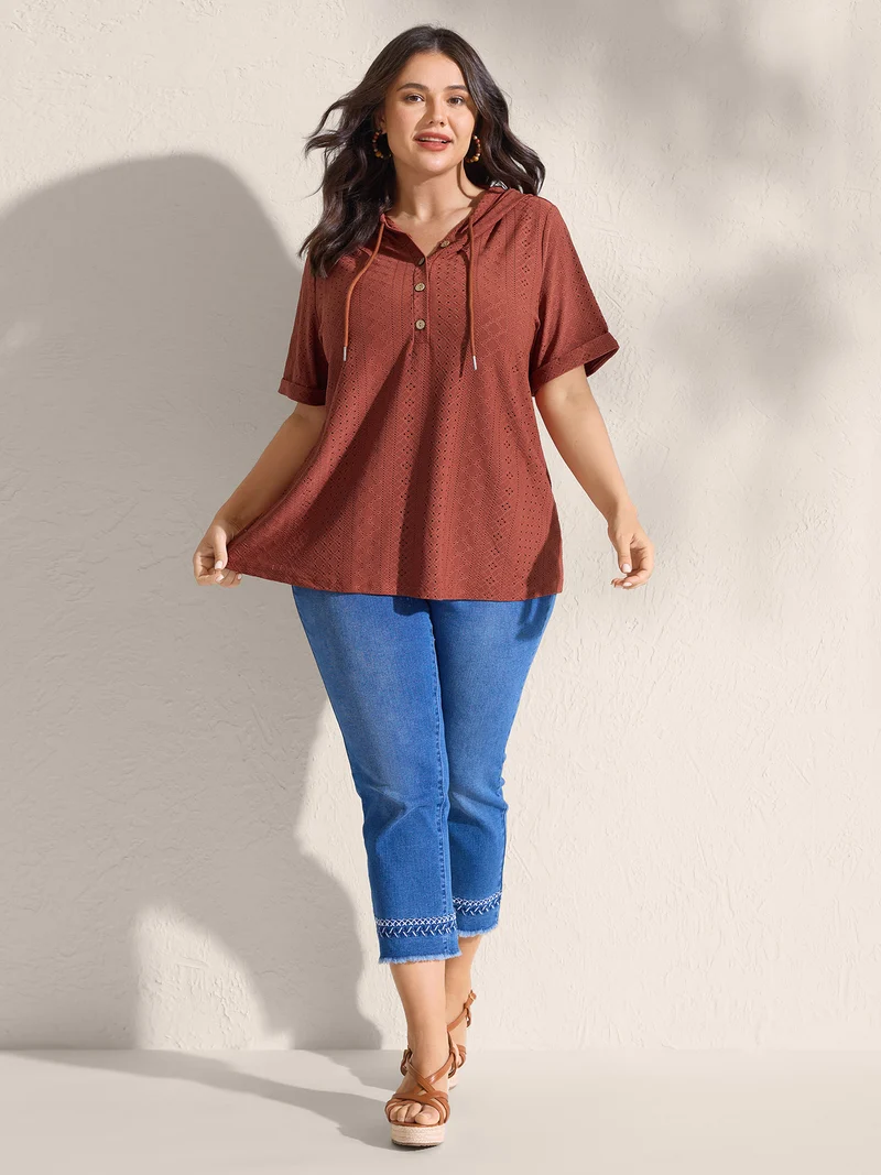 Textured Hooded Half Button Placket T-Shirt