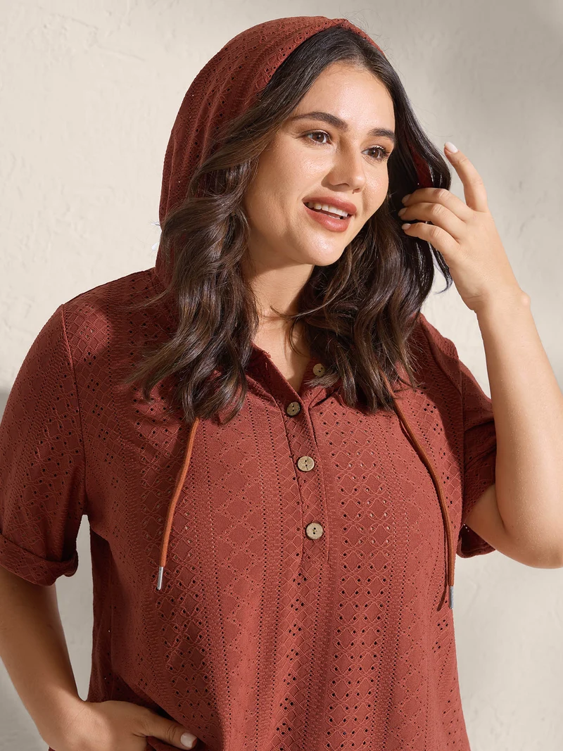 Textured Hooded Half Button Placket T-Shirt