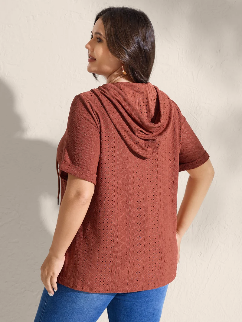 Textured Hooded Half Button Placket T-Shirt