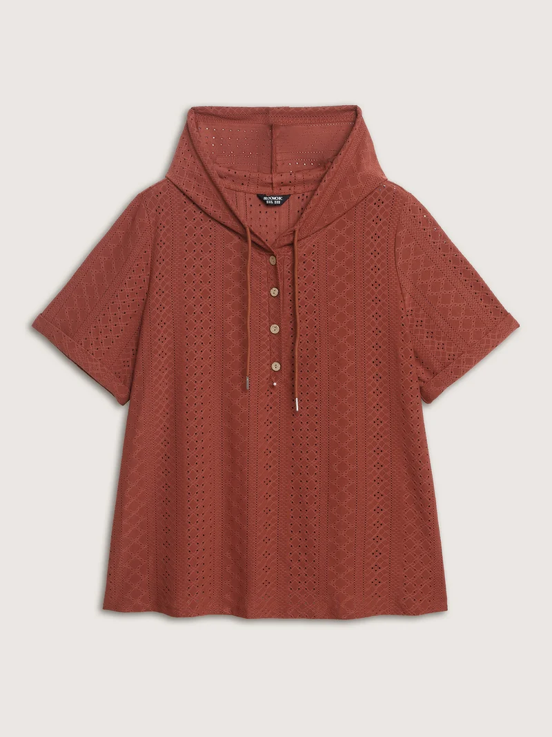 Textured Hooded Half Button Placket T-Shirt
