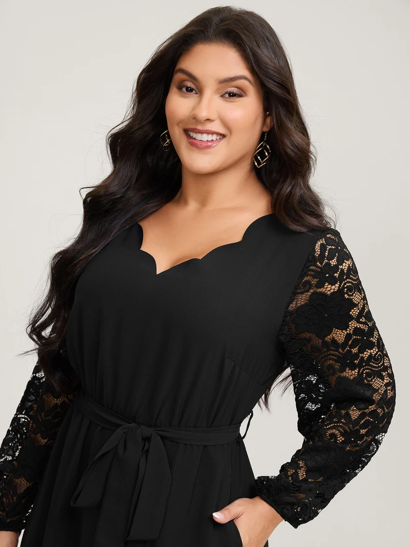 Sheer Floral Embroidered Scalloped Neck Midi Dress