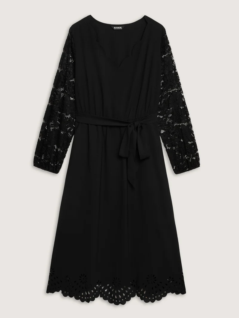 Sheer Floral Embroidered Scalloped Neck Midi Dress