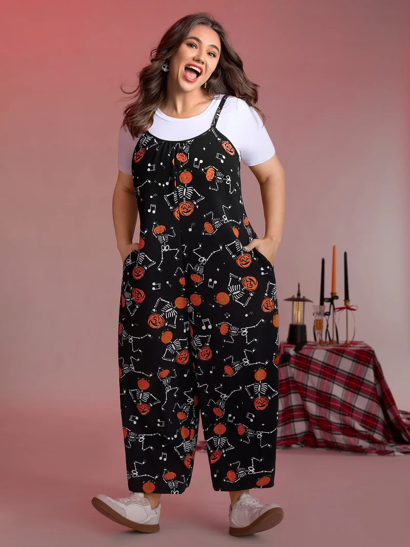 Pumpkin Skeleton Print Cami Sleep Jumpsuit