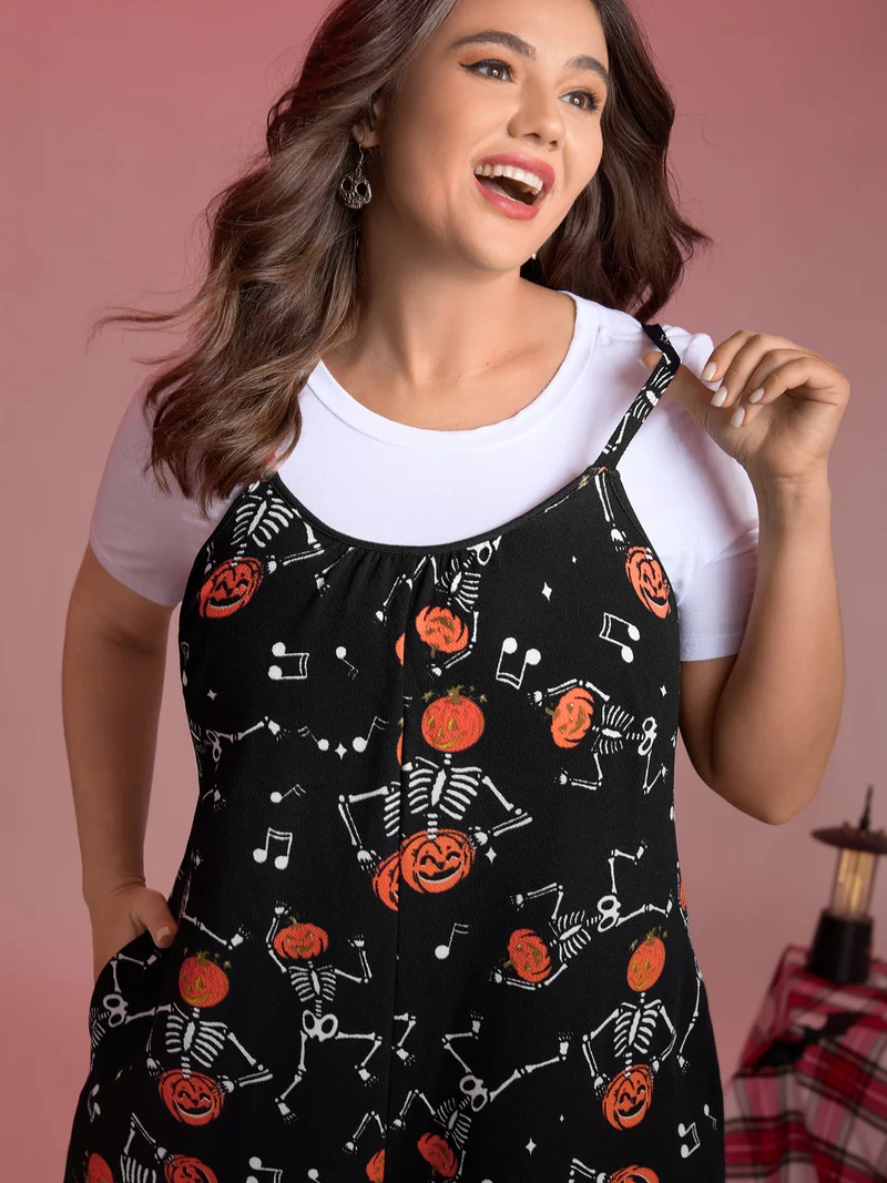 Pumpkin Skeleton Print Cami Sleep Jumpsuit