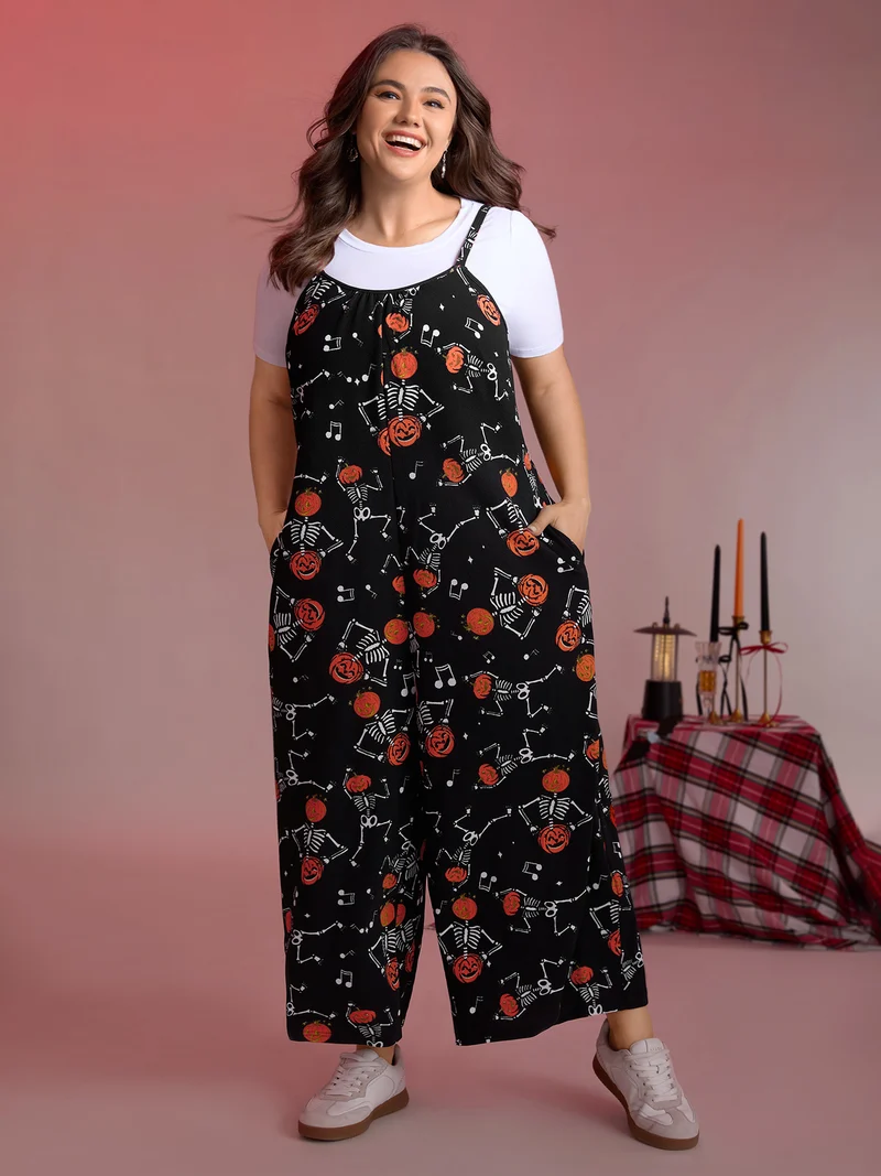 Pumpkin Skeleton Print Cami Sleep Jumpsuit