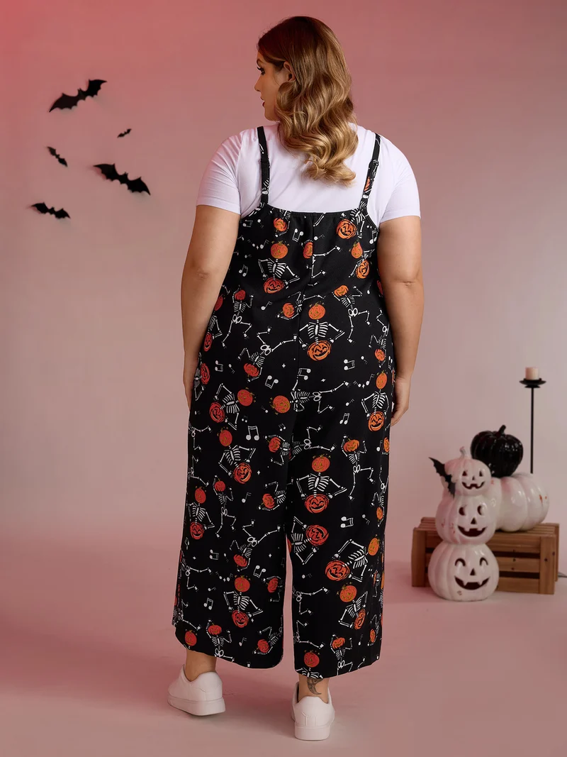Pumpkin Skeleton Print Cami Sleep Jumpsuit