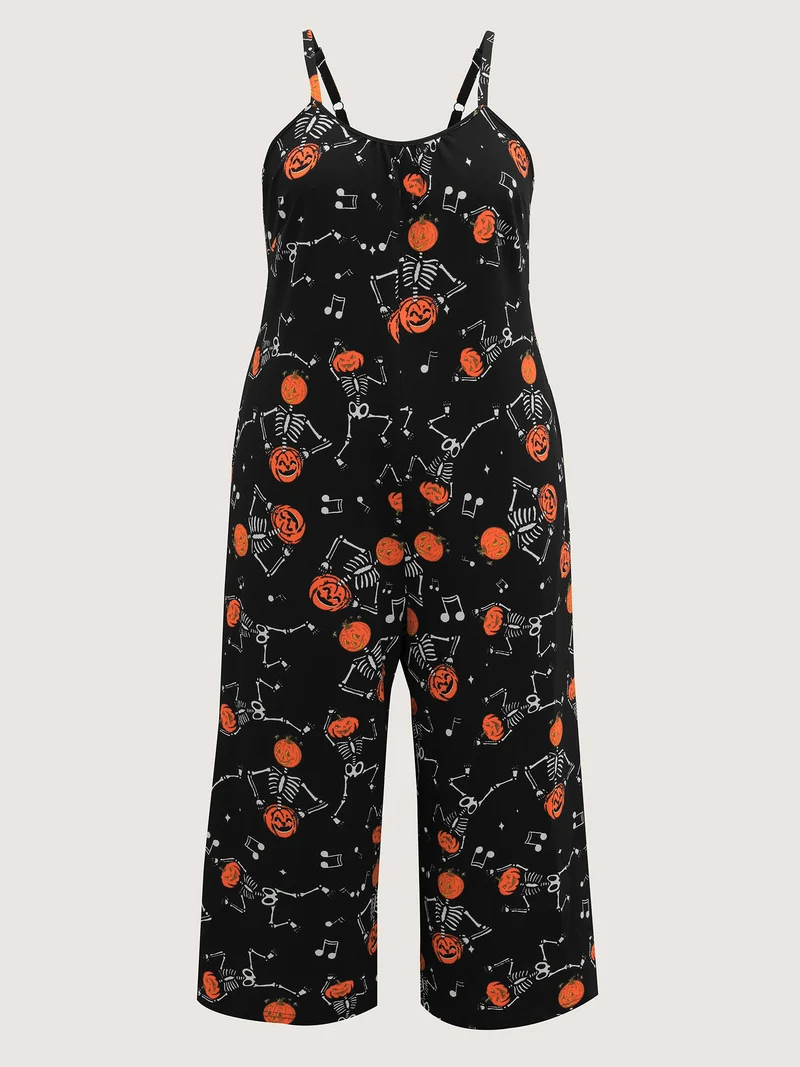 Pumpkin Skeleton Print Cami Sleep Jumpsuit