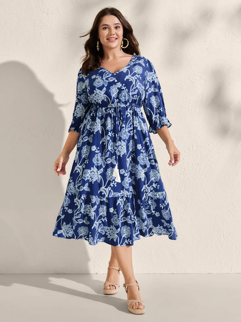 Rayon Floral Print Stretchy Waist Midi Dress