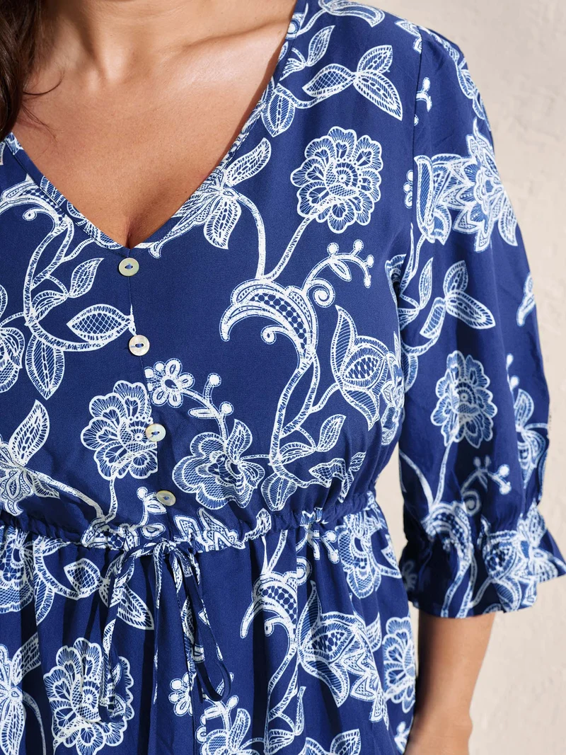 Rayon Floral Print Stretchy Waist Midi Dress