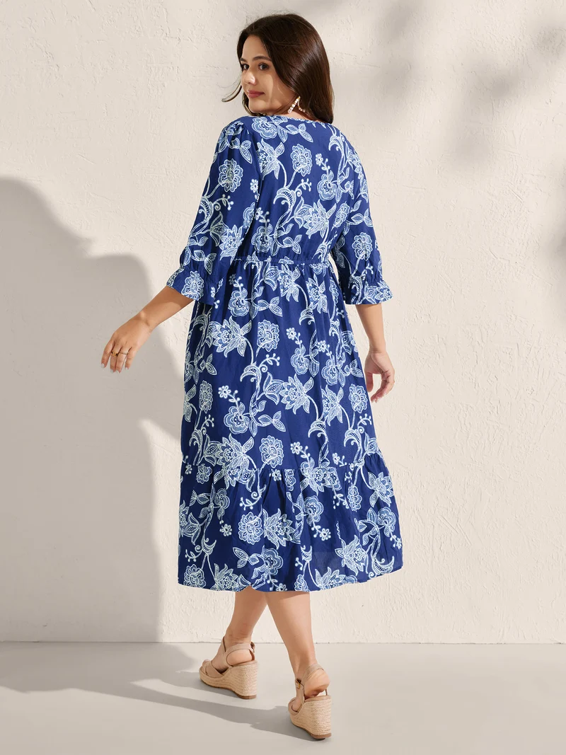 Rayon Floral Print Stretchy Waist Midi Dress