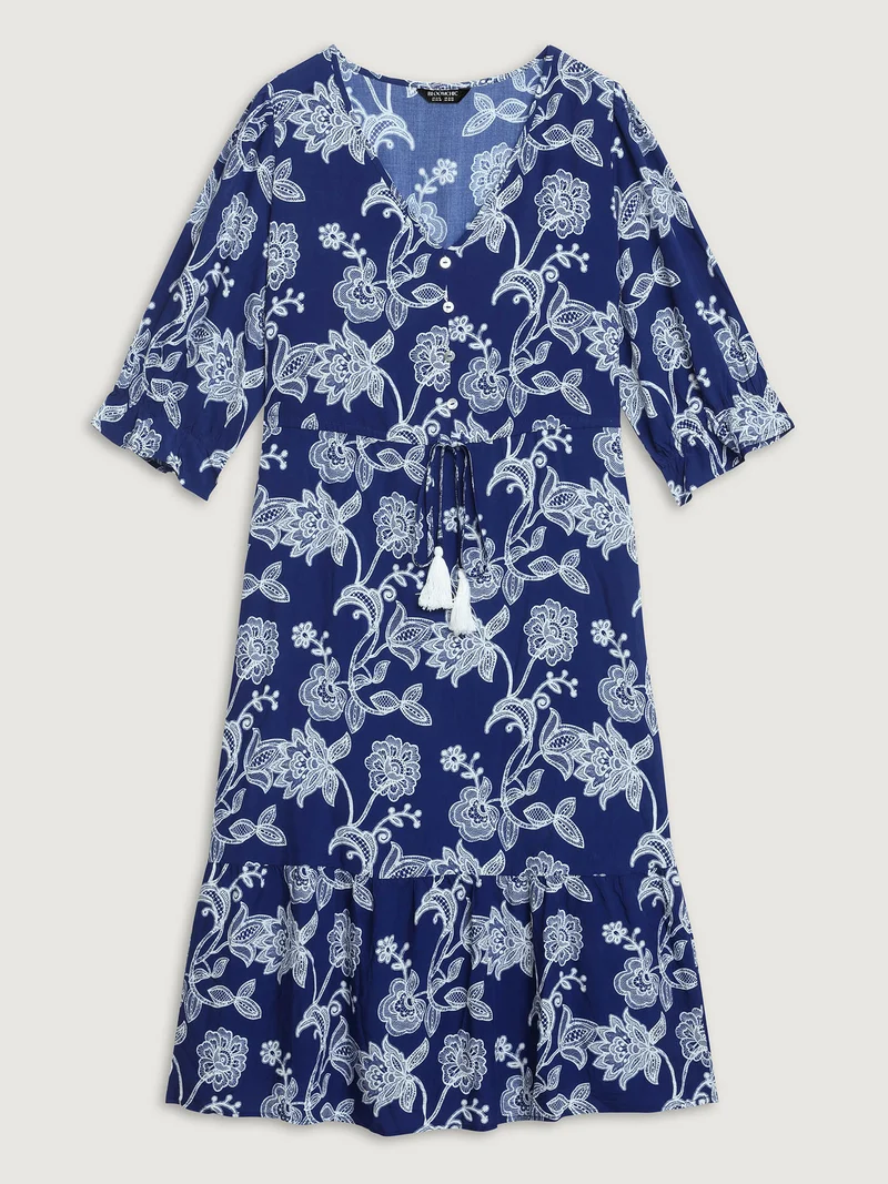 Rayon Floral Print Stretchy Waist Midi Dress