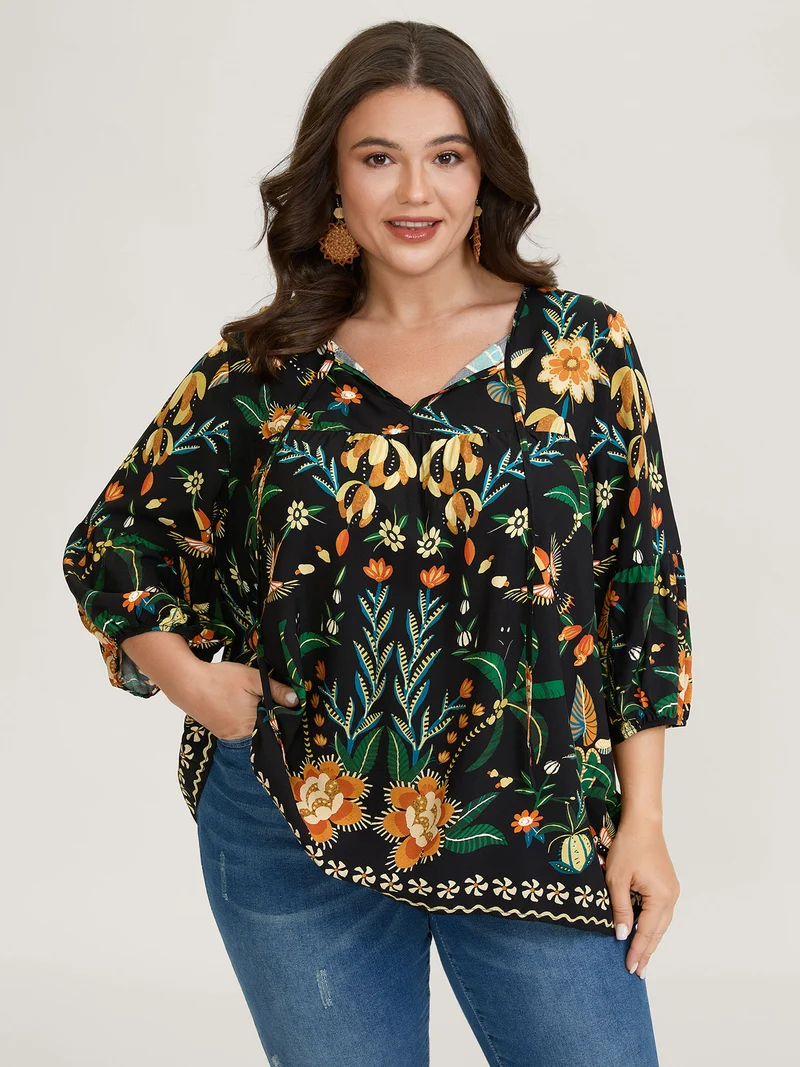 Rayon Boho Floral Neck Tie Blouse
