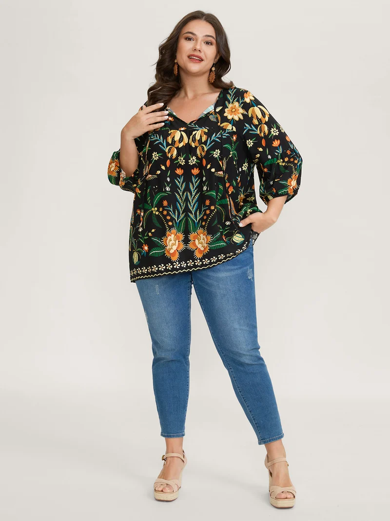 Rayon Boho Floral Neck Tie Blouse