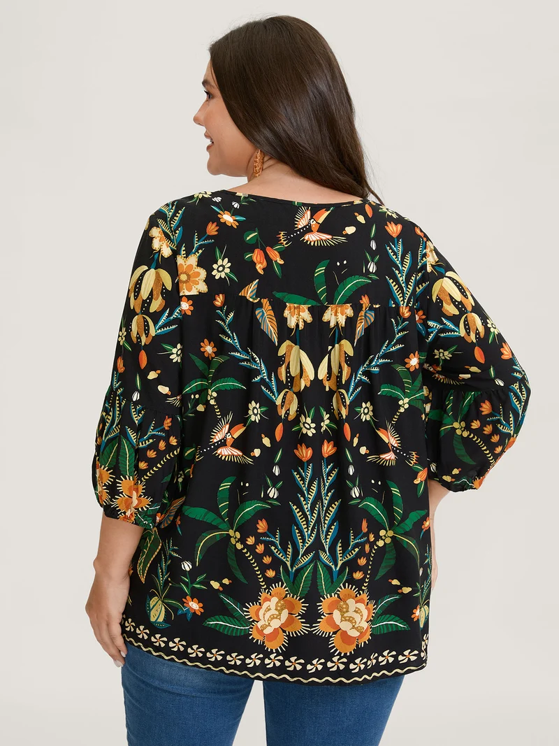 Rayon Boho Floral Neck Tie Blouse