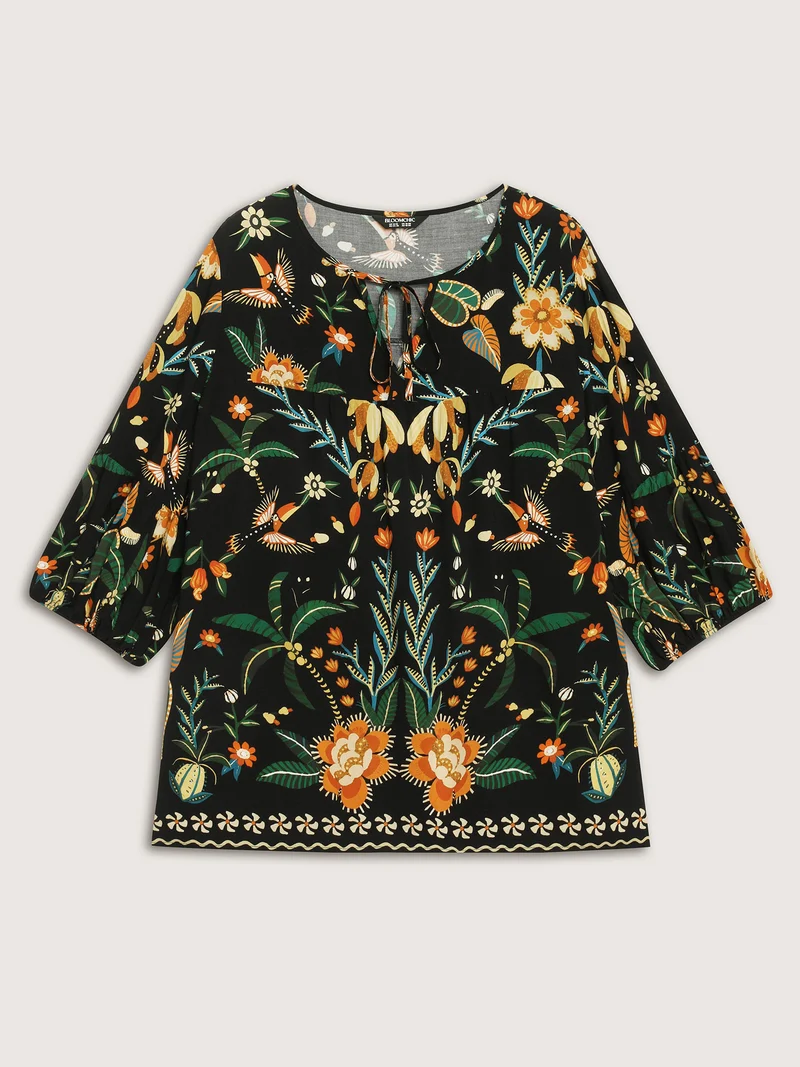 Rayon Boho Floral Neck Tie Blouse