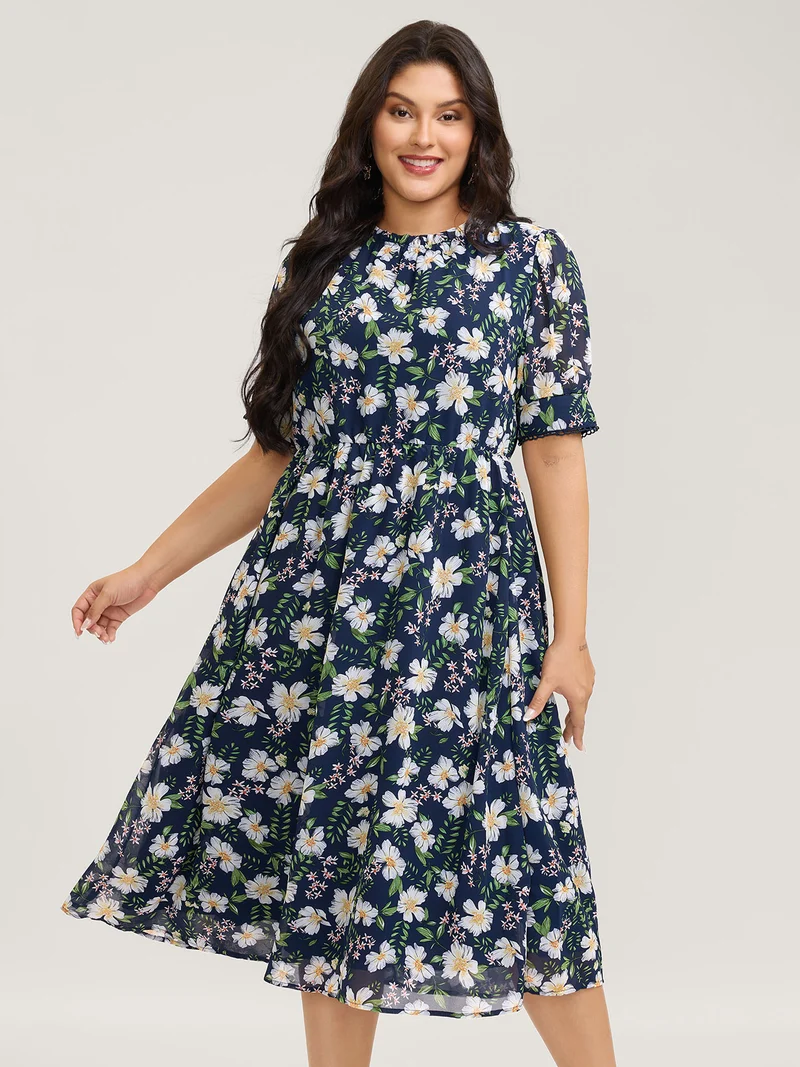 Floral Print Stretchy Waist Lace Midi Dress