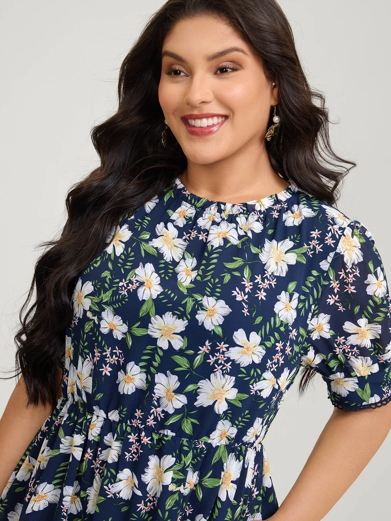 Floral Print Stretchy Waist Lace Midi Dress