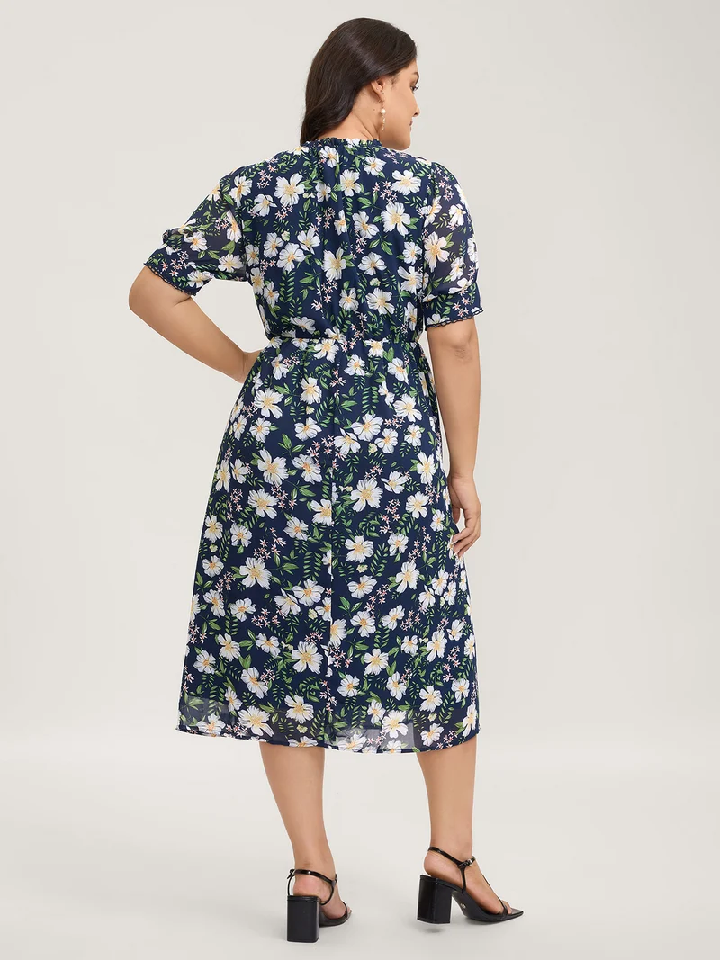 Floral Print Stretchy Waist Lace Midi Dress