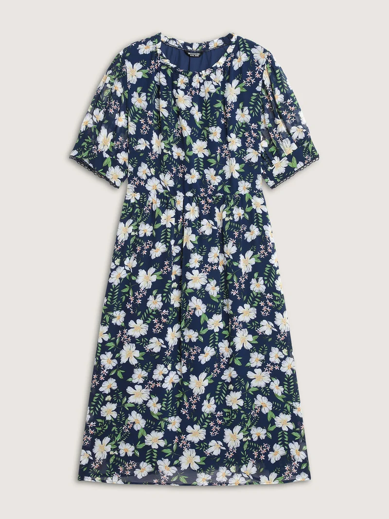 Floral Print Stretchy Waist Lace Midi Dress
