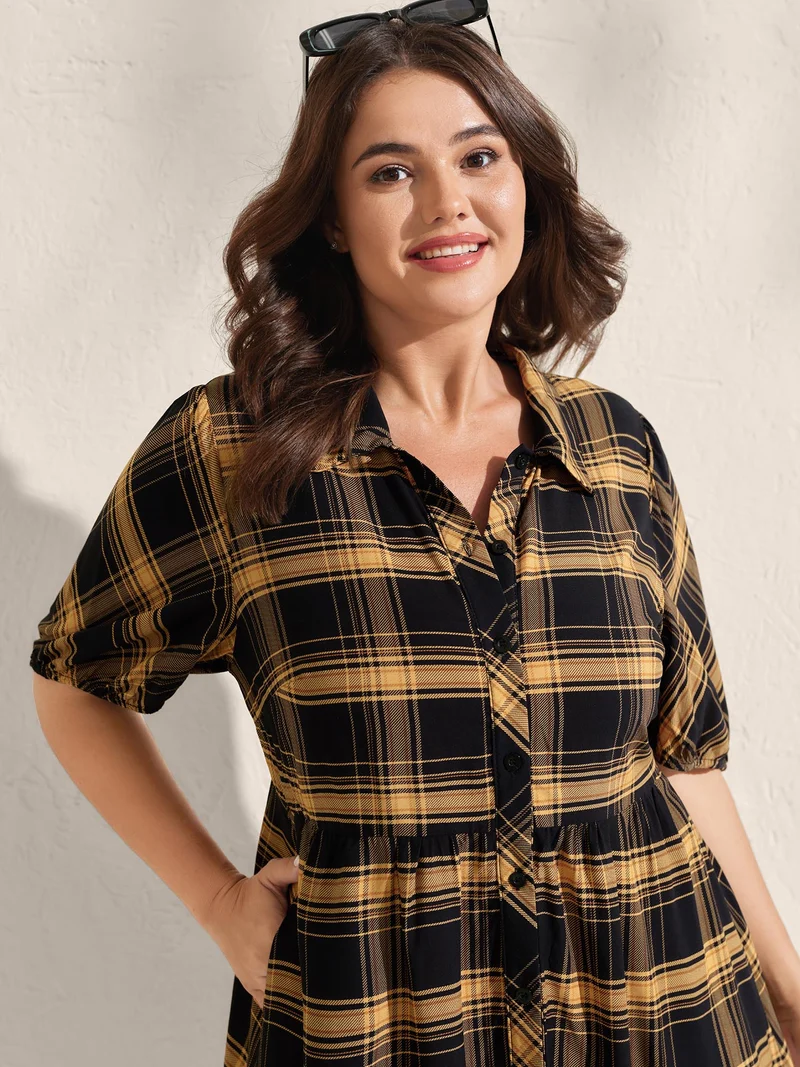 Plaid Print Side Pockets Midi Shirt Dress