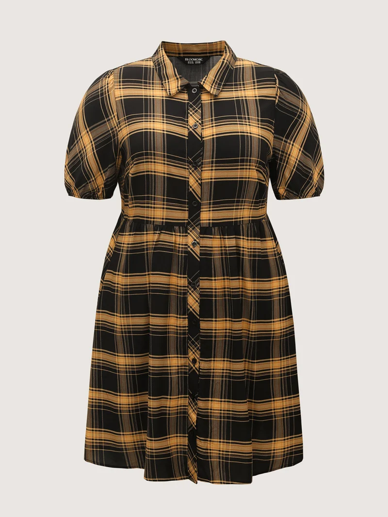 Plaid Print Side Pockets Midi Shirt Dress