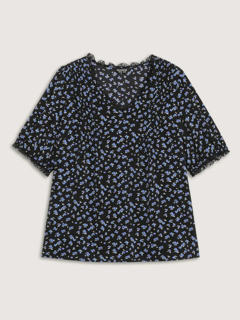 Ditsy Floral Print Lace Trim Blouse
