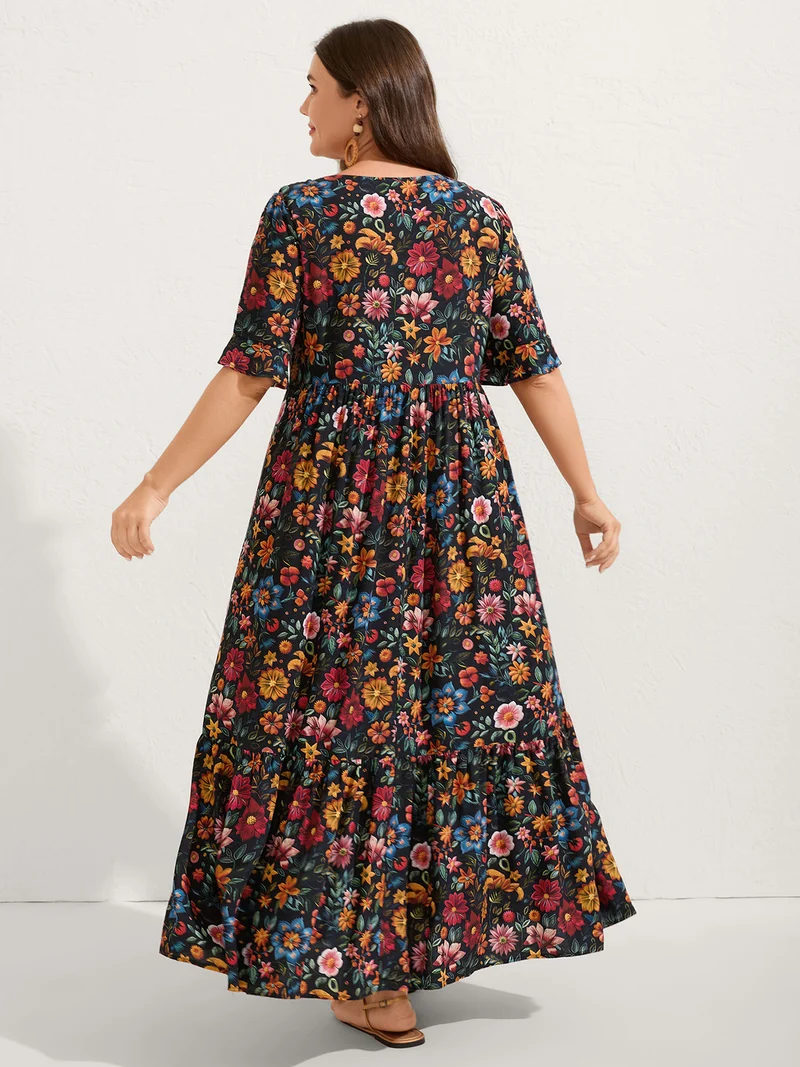 Rayon Floral Lace Trim Button Maxi Dress