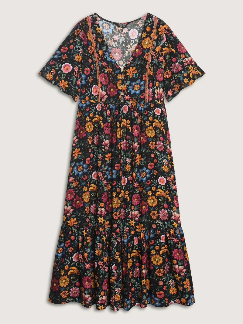 Rayon Floral Lace Trim Button Maxi Dress