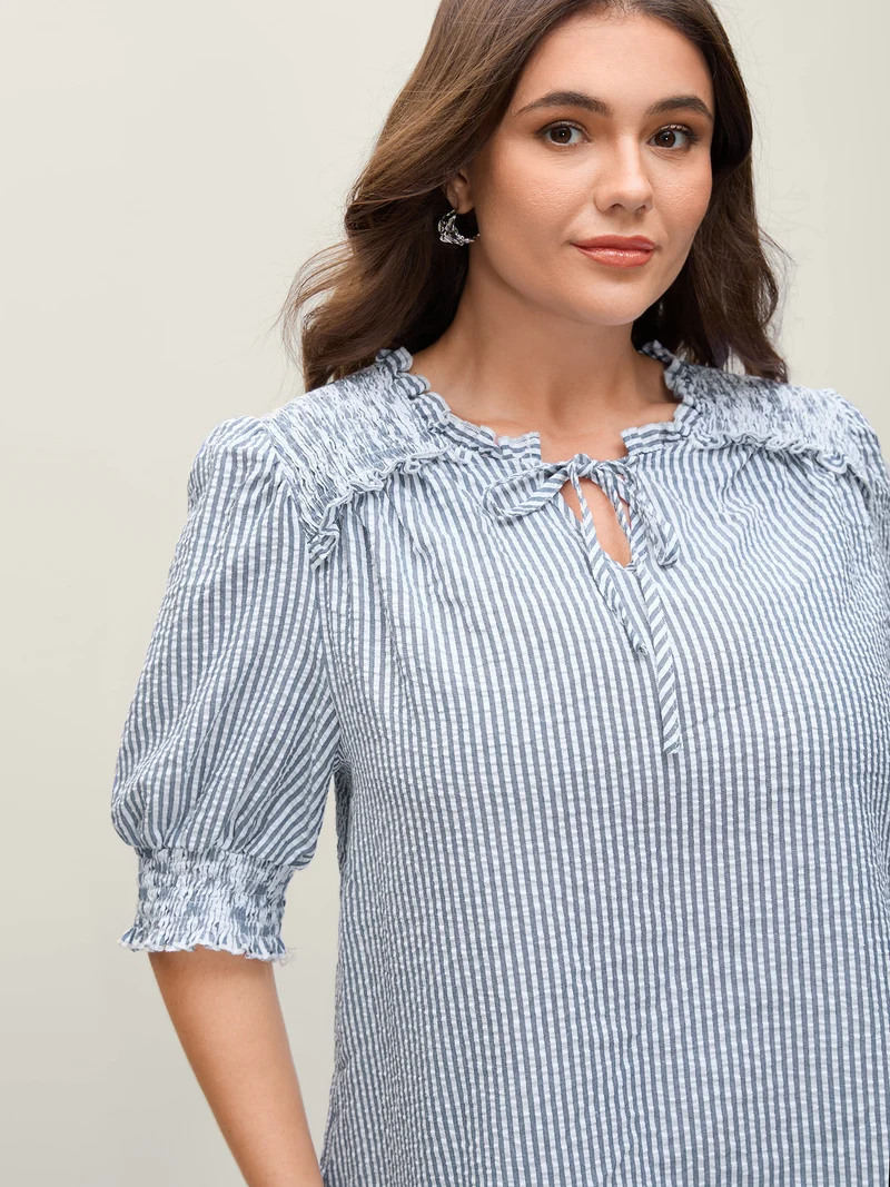 Striped Print Neck-Tie Shirred Blouse