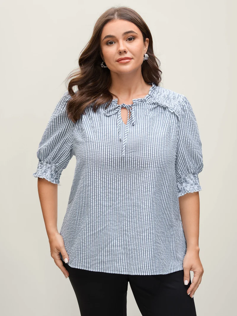 Striped Print Neck-Tie Shirred Blouse