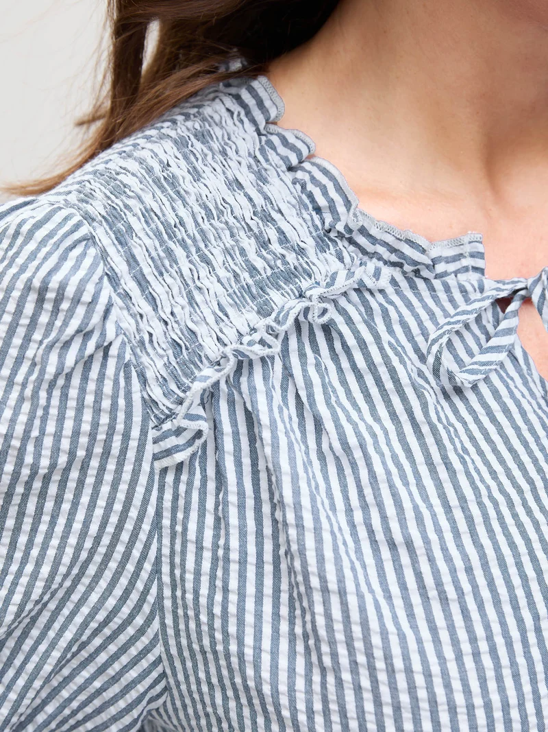 Striped Print Neck-Tie Shirred Blouse